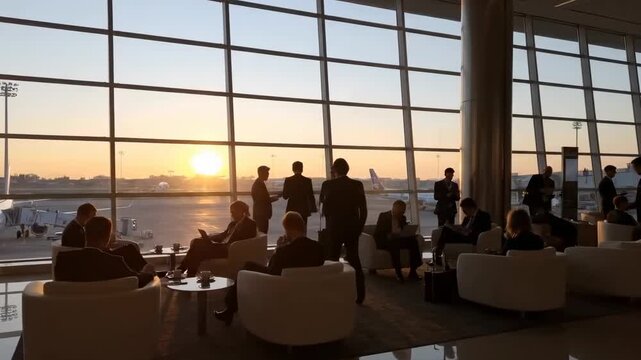 Businessman and businesswoman passengers waiting for plane departure on business travel in airport