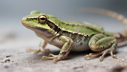 Obraz premium a green and brown tree frog with golden eyes, perched on a textured gray surface, showcasing its intricate skin pattern and elongated tail