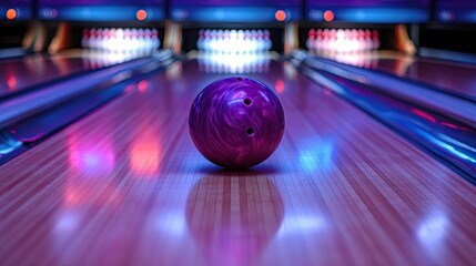 Dynamic bowling ball poised on the lane ready for action, capturing the thrill of a perfect strike, ideal for sports, leisure, and entertainment projects