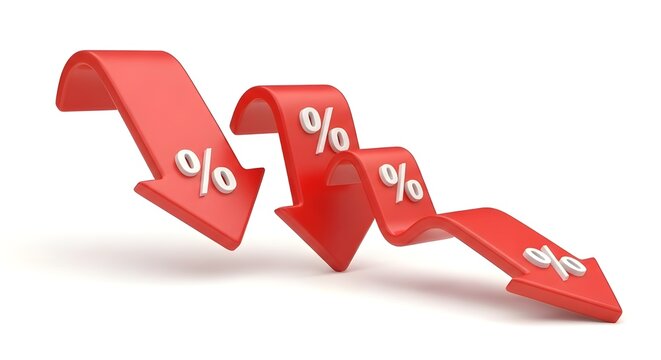 Red arrows with percentage signs showing financial decline and falling prices