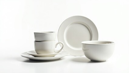 Obraz premium White ceramic tableware set displayed on a white background.