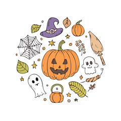 drawn pumpkin halloween icon in doodle style. Mark point icon design collection for halloween design element