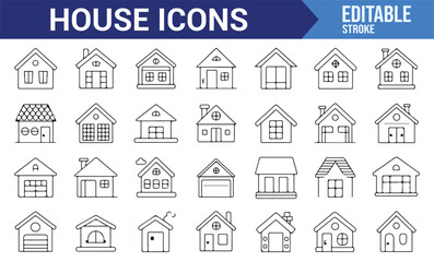 Set of house icons representing various architectural styles and home designs.