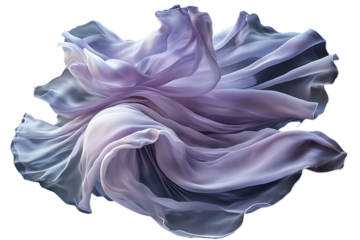 A pale lavender chiffon fabric suspended in flight, its sheer texture rippling in graceful motion. --