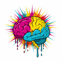 Pop art illustration of a vibrant brain exploding with color. A creative concept of mind, ideas, and psychology with paint drips.