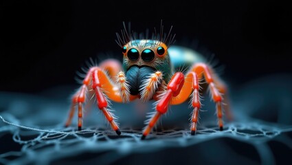 Extreme close up macro shot of a vibrant jumping spider on a web