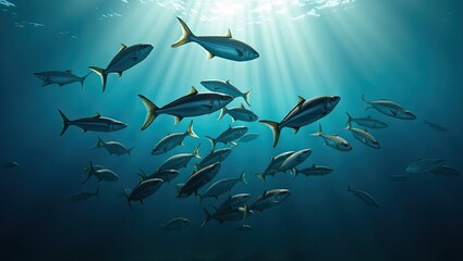 A school of fish swimming in the sunlit depths of the ocean.