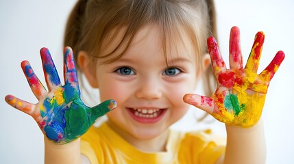 Toddler Showing Colorful Paint - Covered Palms, Joyful Art Creation Scene
