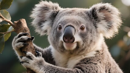 Fototapeta premium koala is clinging to a tree branch, sharp claws and fluffy ears