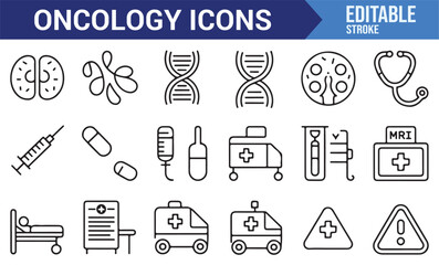 Medical icons depicting chemotherapy, syringes, and other oncology-related treatments and equipment.