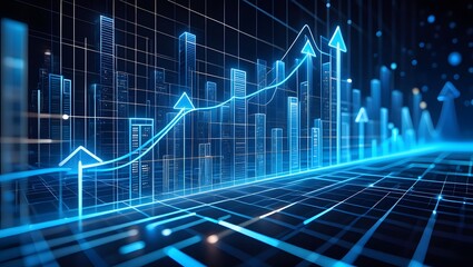 Digital neon blue financial growth chart with upward trend and cityscape background