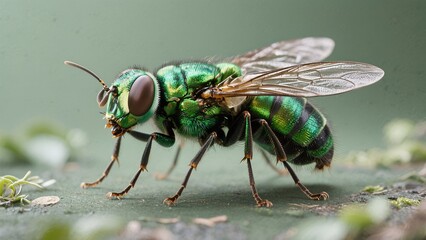 green fly with iridescent colors, standing on a textured surface with its wings spread