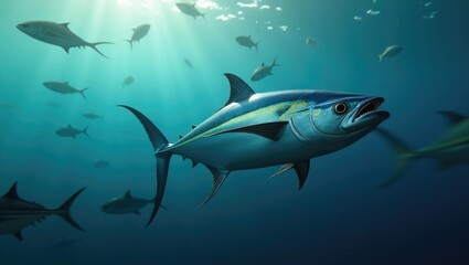 Tuna fish swimming in a school of fish in the ocean.