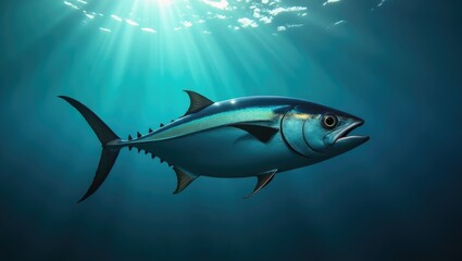 Fototapeta premium Tuna fish swimming in the deep blue ocean.