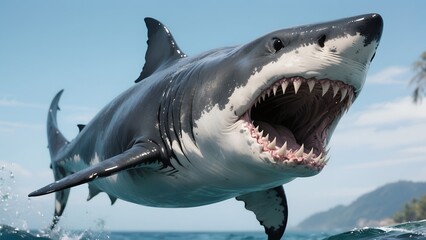 Naklejka premium white shark leaping out of the water with its mouth open wide, revealing rows of sharp teeth against a backdrop of blue sky and a distant tropical shoreline.