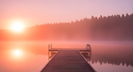 Fototapeta premium Sunrise over a misty lake with a wooden dock