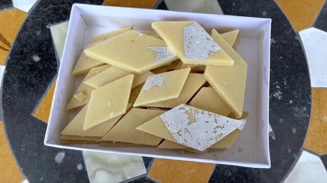 Kaju Katli in a Box | Indian Cashew Sweet Close-Up