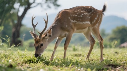 Obraz premium deer grazing in a grassy field, with its head down, eating green grass