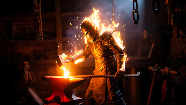 A knight in shining armor works at a forge, hammering metal amidst fire and sparks