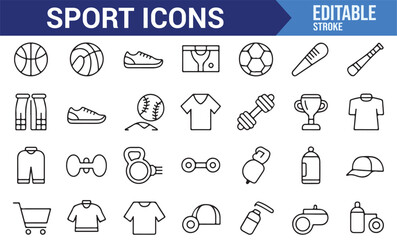Sport-themed icon set showcasing basketball, soccer, workout gear, and athletic apparel.