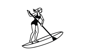 Fototapeta premium Woman Paddleboarding in Swimsuit Black and White Silhouette Style Illustration