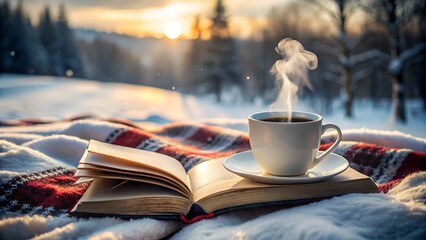 Cozy winter scene with coffee and book outdoors