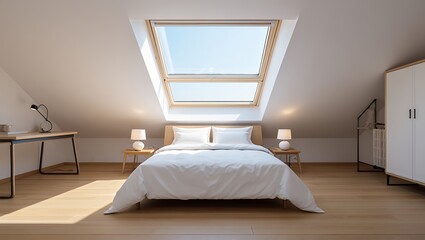 Bright and Airy Attic Bedroom Interior with Skylight and Minimalist Design for Relaxation and Comfort in a Modern Home