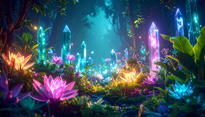 Magical fantasy landscape of glowing forest filled with luminous crystal and flower. An enchanted scene of vibrant nature, creating wondrous and mysterious feeling at night