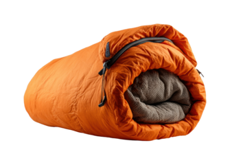 Camping adventure orange sleeping bag for fun in nature cozy environment isolated on transparent background, png