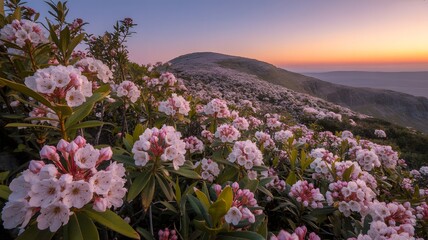 Obraz premium Mountain Laurel Mountain Laurel Blooms at Sunrise, Pink Flowers on a Hillside Landscape