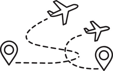 Airplane travel routes with location pins flight journey, airplane, flight, travel, route, journey, destination, map, pin, location, transport, aviation, air, aircraft, trip, vacation, holiday, symbol