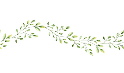 Green simple spring branch with leaves seamless banner, border. Watercolor twig. Hand drawn wildflower illustration isolated on background, transparent png. Botanical and wedding illustration. Baby