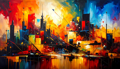 Obraz premium Vibrant abstract painting of colorful modern city skyline. An urban cityscape art piece with an energetic and dynamic feel, showing metropolis reflected in water