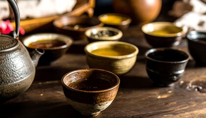Rustic Tea Ceremony: Glazed Pottery Bowls and Kettle on Dark Wood Surface