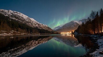 Aurora borealis reflected in a still lake, nestled between snow-capped mountains.