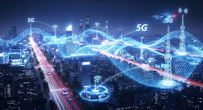 Futuristic 5G Network Cityscape at Night with Drone and Towers