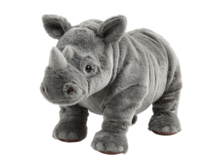 PNG of Adorable plush rhinoceros toy, soft gray fur, and a friendly face, perfect for kids of all ages. - on Transparent or White BG
