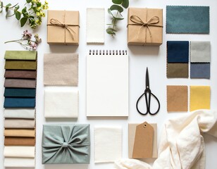 Creative workspace with fabrics and tools.