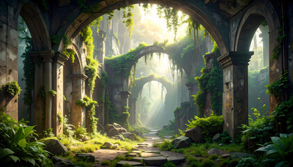 Mysterious ancient ruin with stone arch, overgrown by lush jungle forest. magical fantasy path leads through serene nature, illuminated by divine sunbeam