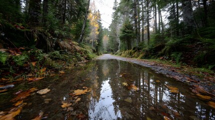 Obraz premium A puddle reflecting trees in a forest path.