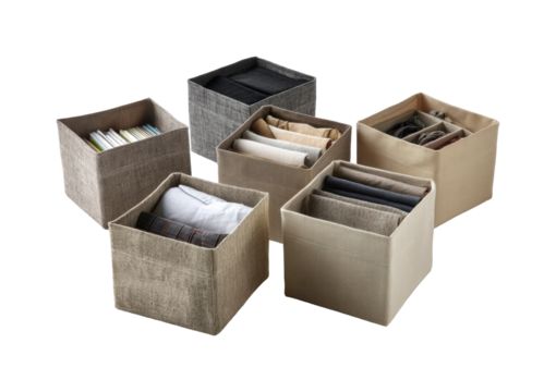 Organizing essentials stylish fabric storage boxes for home organization living room modern isolated on transparent background, png