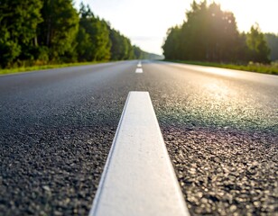 Fototapeta premium Empty highway, white line, sunlit forest