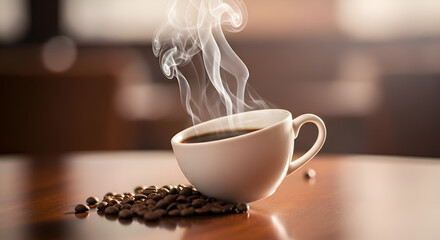 Cup of espresso with mocha coffee maker on wooden background