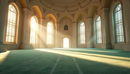 Fototapeta premium Sunlit mosque interior prayer hall featuring arched windows with intricate patterns, casting long shadows across green carpeted floor. Serene atmosphere evokes peace, spirituality, grand