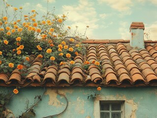 Tranquil Rooftop Bloom: A Rustic Building Embraced by Vibrant Orange Flowers, Bathed in Warm Light under a Cloudy Sky, Displaying Nature's Enduring Beauty