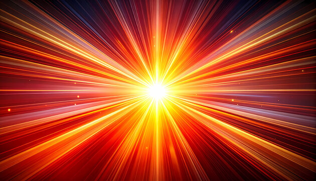Abstract background with powerful bright yellow light burst. central flare radiates orange and red energy rays. This glowing design creates sense of futuristic speed and motion