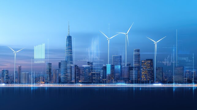 Futuristic landscape features wind turbines and energy charts, representing innovative renewable energy solutions for sustainable growth
