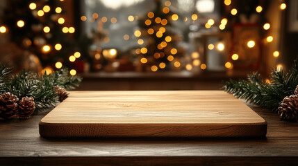 Empty wooden board on a cozy Christmas kitchen background with glowing garlands, warm festive lights, and seasonal decorations, perfect for holiday cooking and celebration themes. Banner copy space
