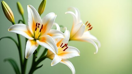 Close-up view of delicate white lilies with subtle orange accents.