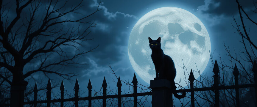 Mysterious black cat graveyard night scene moonlit environment spooky viewpoint halloween concept